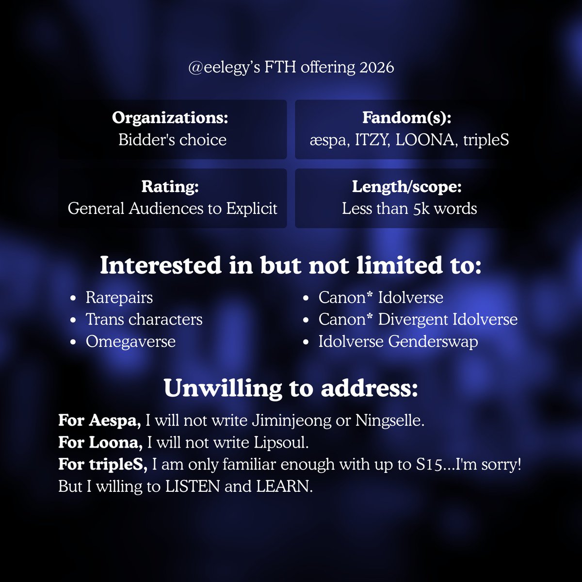 Hello! I have returned triumphantly after a year off from FTH! Take a look at my what I'm offering, and if you're interested, bidding begins tomorrow!

**and...if there's something you think I'd be interested in that's not on my list...dm me 🫡

fth2026offerings.dreamwidth.org/307007.html