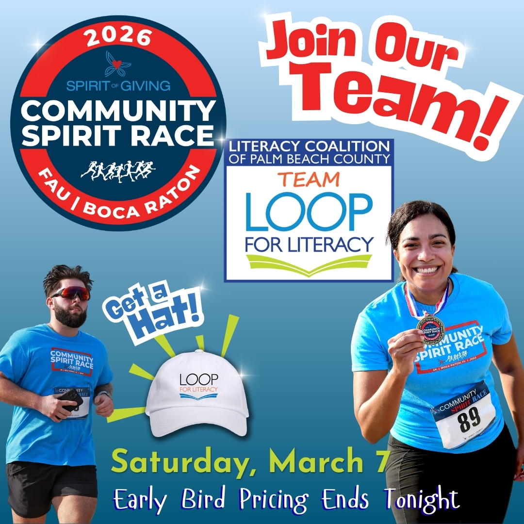 LiteracyPalm's tweet photo. 📚🏃 Join Team LOOP for Literacy! 
👉Early Bird Pricing Ends Tonight!👈
March 7 at FAU — 5K or 1 Mile. Every step supports local literacy programs.
📖 Registered children receive a free book!
👉Sign up: https://t.co/DN59ly2Ffw https://t.co/q1CWqIPhC5