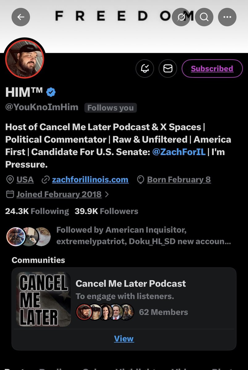 Hey patriots! 

If you love America First values, do me a favor and follow + repost my great friend Zach <a href="/YouKnoImHim/">HIM™</a> right now.
 He’s the real deal. He’s a hardworking, unapologetic patriot running as a grassroots MAGA candidate for U.S. Senate in Illinois in 2028. 

He’s one