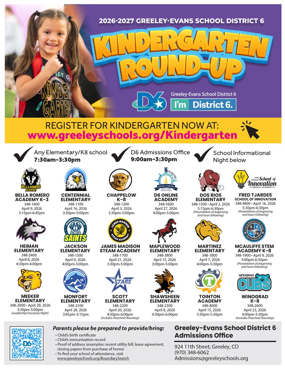 greeleyschools's tweet photo. Welcome to D6! Kindergarten registration is now open for all District 6 schools for the 2026-2027 school year. Children must be five years old by October 1, 2026 in order to register for kindergarten next year. https://t.co/HaA7uGScyd