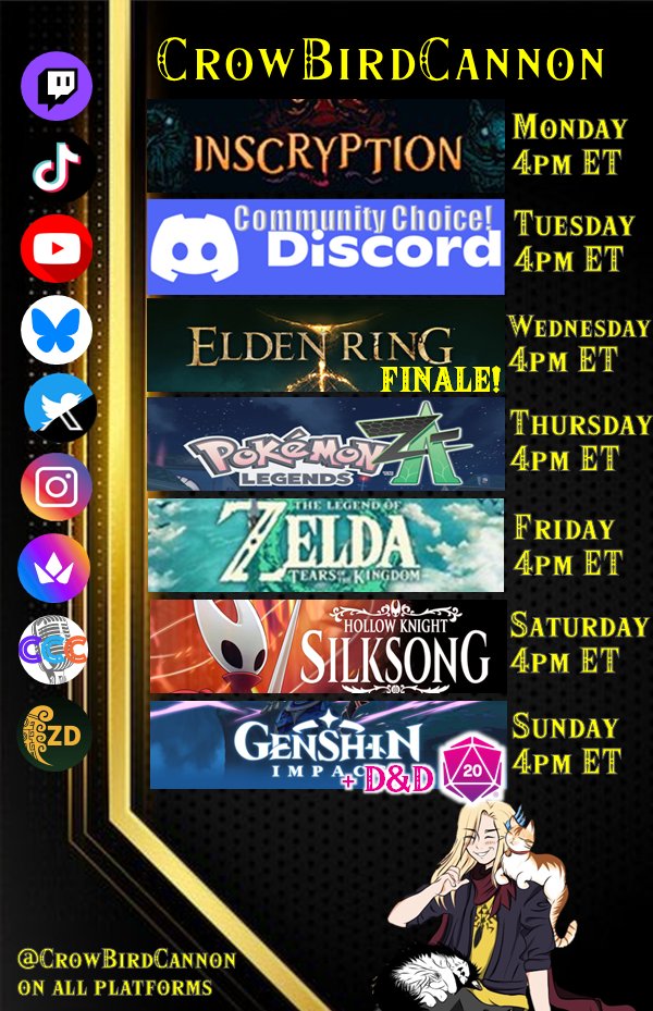 CrowbirdCannon's tweet photo. This week's stream schedule, slight change, we're taking a break from Minecraft this week because I've been in a BIG Inscryption mood lately, so we're playing that! https://t.co/NcSmm3KBA3