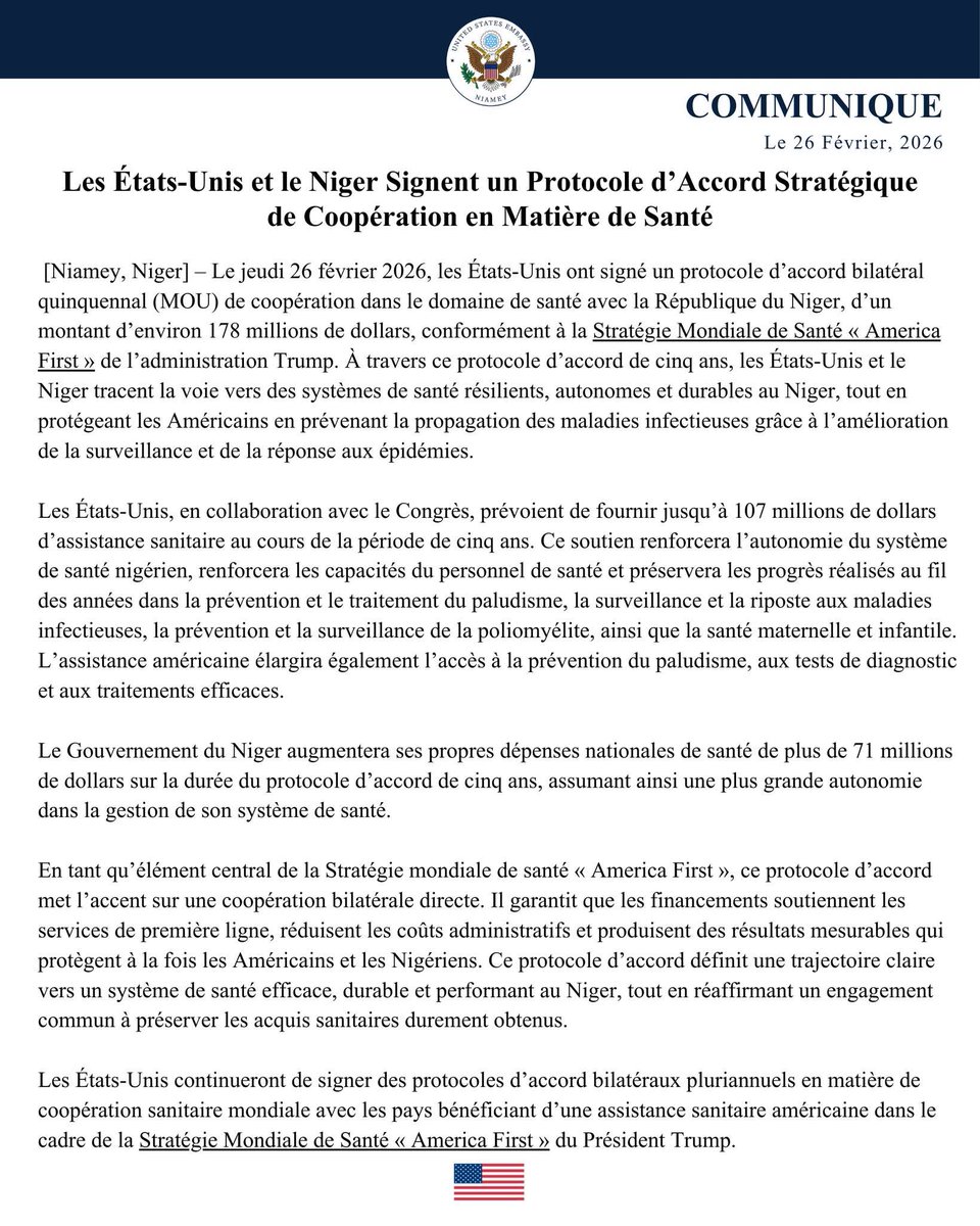 OusmaneMarie1's tweet photo. Le 26 février 2026, le Niger et les États-Unis ont signé un partenariat sanitaire de 5 ans, doté de plus de 106 millions de dollars. Objectif : renforcer la lutte contre le paludisme, la poliomyélite et soutenir la santé maternelle et infantile. #Santé #Niger #Partenariat #USA https://t.co/kPoY7b6WN9