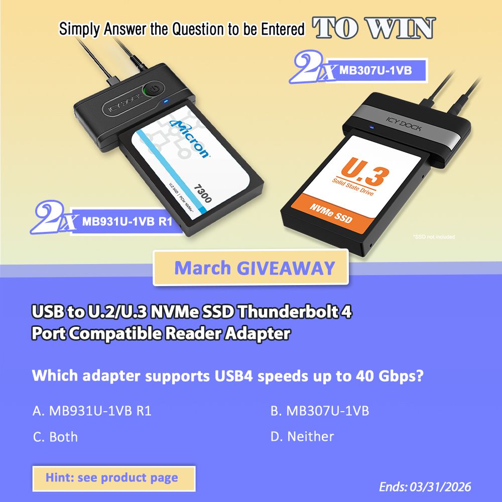 In March, we'll give out MB931U-1VB R1 x 2 and MB307U-1VB x 2.  4 Winners! Join @IcyDockUSA's monthly #giveaways. Answer the question to enter.
💌-global.icydock.com/news/news_1557…
Starts Mar 1st, at midnight.
Ends Mar 31st, at midnight.