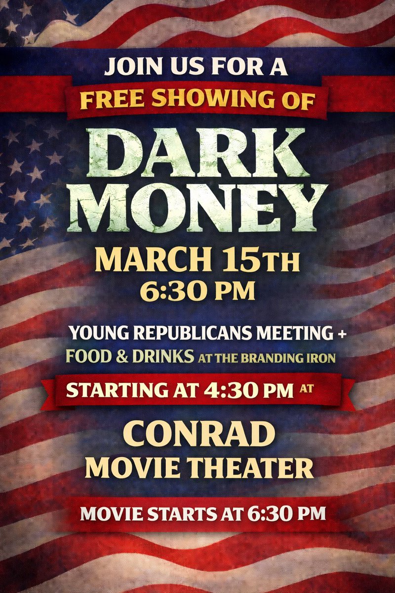 ChouteauYRMT's tweet photo. Please join us on the 15th for a showing of Dark Money, a look into how some of our elections are being funded in the state. 
We will have a joint Young Republicans meeting with Teton county YR at 4:30 before the movie. Food and drinks provided https://t.co/4viSOJBzzc