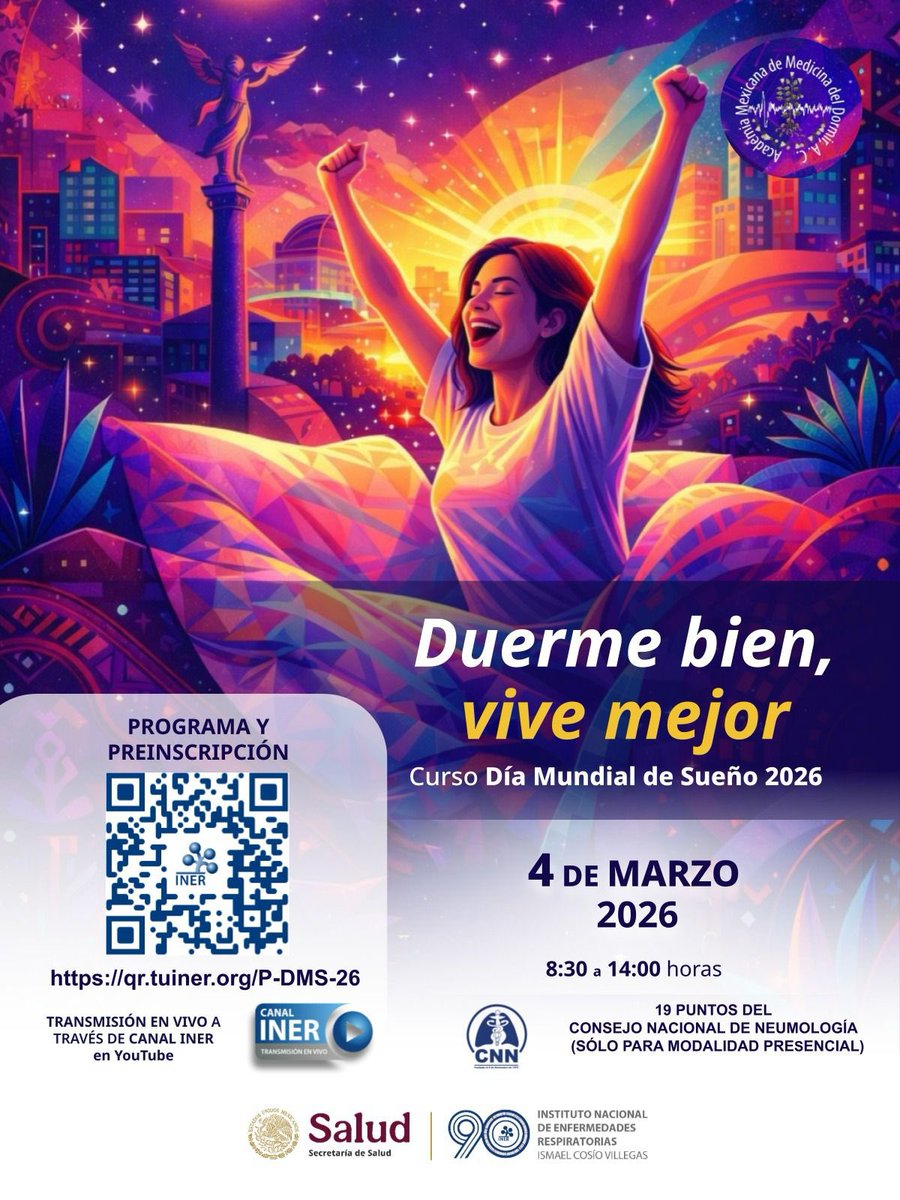 PleuralPOCUS's tweet photo. Este 4 de marzo se llevará a cabo el Día Mundial del Sueño 2026 en el INER 💤
📍 Evento híbrido y gratuito
🔹 Presencial: 19 puntos del Consejo Nacional de Neumología
🔹 Virtual: Constancia de participación
#DíaMundialDelSueño #INER #Neumología #EducaciónMédica #SleepDay https://t.co/GsQ0xD2uMt