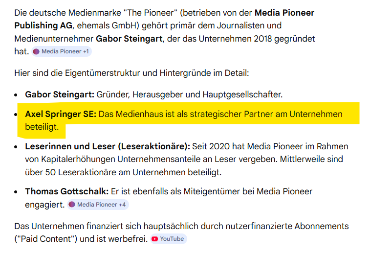 Wie "Wirtschaftsweise" Frau Prof. Grimm ist seit Anfang 2026 Herausgeberin der Zeitschrift "The Pioneer", die zu Axel Springer SE gehört. 

Ein Puzzleteil fügt sich zum anderen. 

Folge stets dem Geld, denn in der Regel gilt
"Wes Brot ich ess, des Lied ich sing."