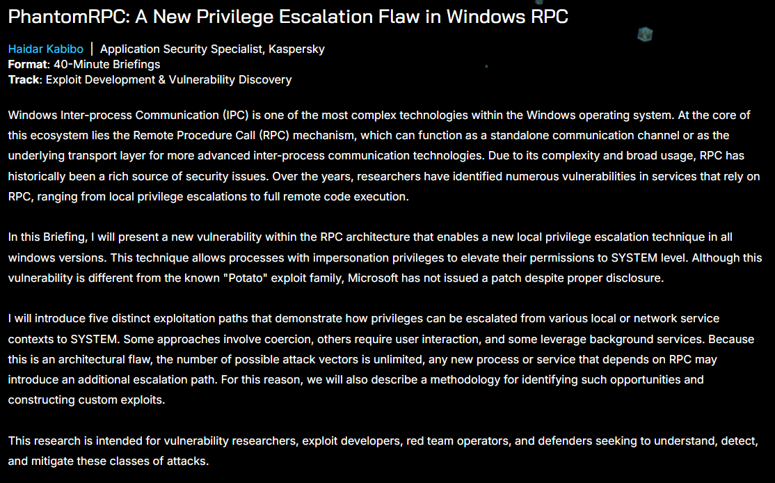 haider_kabibo's tweet photo. - Hi
- Do u love Microsoft?
- Do u want new privilege escalation technique not patched yet?
- If yes
- Join me in BH Asia @BlackHatEvents 
- Bye
PhantomRPC: A New Privilege Escalation Flaw in Windows RPC
https://t.co/5hO8qJ8J9k
#BHASIA https://t.co/YbssdyECkq