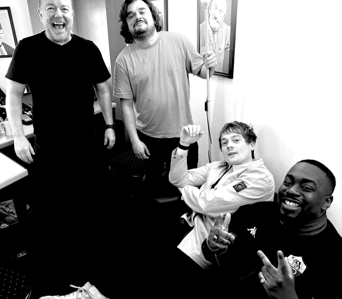 rickygervais's tweet photo. Another great new material night at the @lsqtheatre with my cellmates. @redrichardson1 @mattbraggcomedy @andrewmensah__ https://t.co/JAnWNfYran