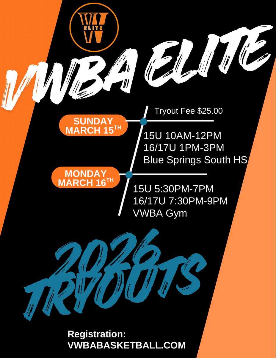 VWBAelite's tweet photo. 2️⃣ Weeks Away ‼️

All Participants must register at: https://t.co/xBOe50Tb6I 

MARCH 15TH - SUNDAY
15U - 10:00pm - 12:00pm 
16/17U - 1:00pm - 3:00pm

@ Blue Springs South HS 

MARCH 16TH - MONDAY
15U - 5:30pm - 7:00pm 
16/17U - 7:30pm - 9:00pm 

VWBA Gym https://t.co/d63nmtFXJi