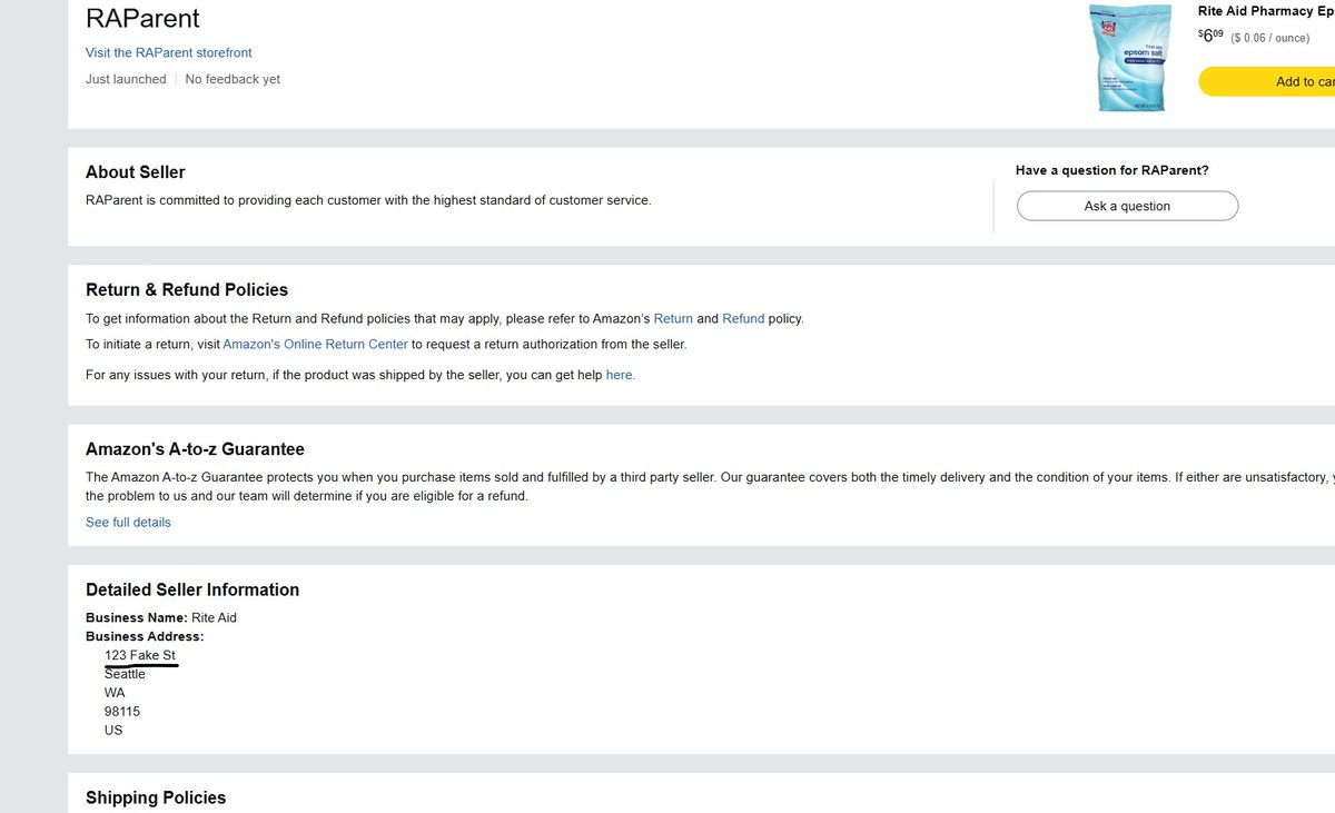Amazon: once again kind to the cruel — and cruel to the kind.

Legitimate sellers get endless scrutiny, suspensions, document demands, and enforcement over technicalities.

Meanwhile… a storefront goes live listing:

Business Name: Rite Aid
 Address: 123 Fake St
Seattle, WA