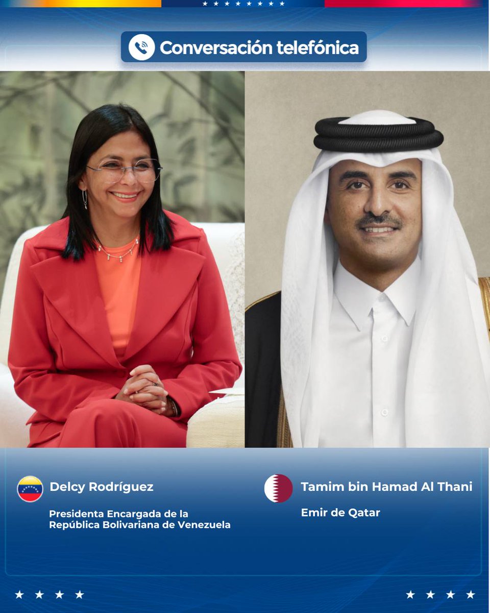 luisprada2025's tweet photo. Presidenta encargada de Venezuela Delcy Rodríguez envía palabras de solidaridad a Emir del estada de Qatar ante los hechos sucedido en su país 
#BringThemBack
#LosQueremosDeVuelta https://t.co/lo2Vx5TTtS