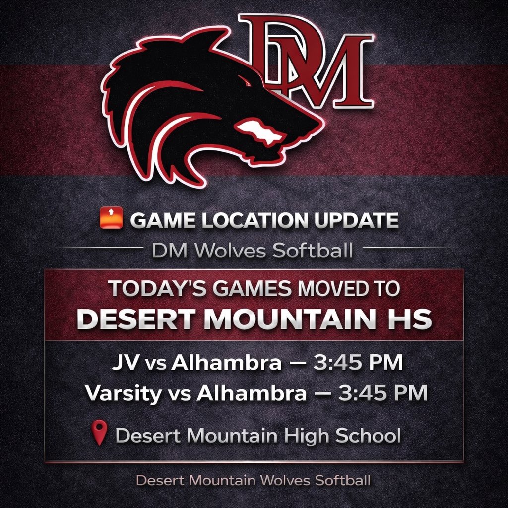 DMHSSoftball's tweet image. 🚨 Game Location Update

Today’s JV and Varsity softball games vs Alhambra have been moved.

📍 Now being played at Desert Mountain HS
⏰ 3:45 PM first pitch

Come support the Wolves as conference play begins today.

#DMWolves #DesertMountain #DMSoftball #GameDay #AZSoftball