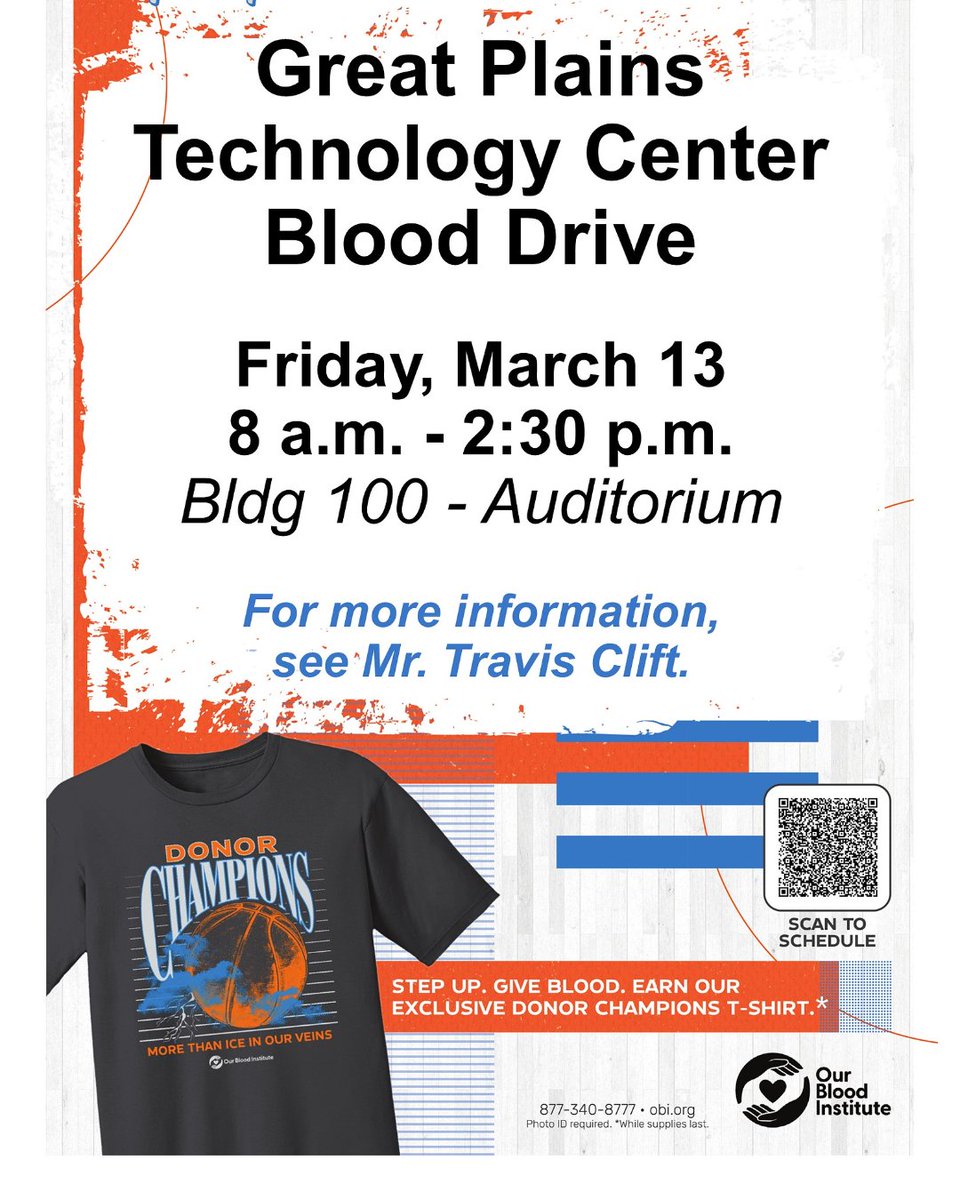 Great Plains Technology Center is teaming up with Our Blood Institute for a Blood Drive on Friday, March 13 from 8 a.m. to 2:30 p.m. in Bldg 100 – Auditorium.

Step up. Give blood. Save lives. Score the exclusive Donor Champions t shirt while supplies last. #GPTech #gptc