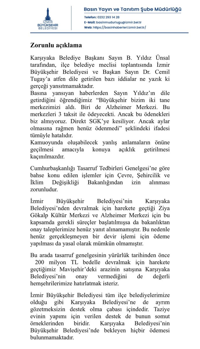 mozuslu's tweet photo. İzmir Büyükşehir Belediyesi’nden kamuoyunu doğru bilgilendirmek amacıyla yapılan açıklamadır. https://t.co/mZn0MNQLuj