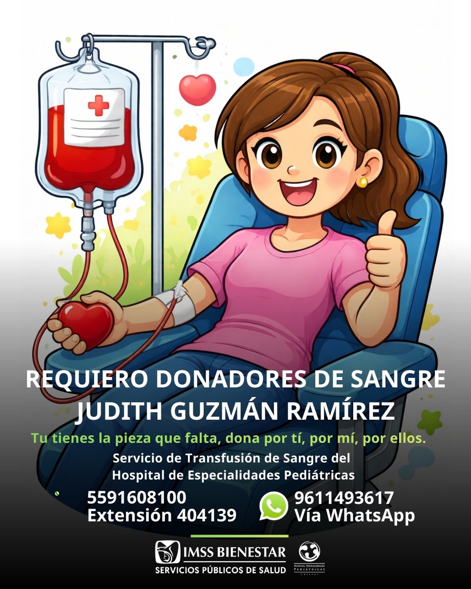 Al donar sangre y plaquetas puede salvar vidas, en esta ocasión hacer una gran diferencia en la recuperación de nuestra paciente Judith Guzmán Ramírez. 
Comunícate al 5591608100 ext. 404139 o al 9611493617 vía WhatsApp.   ¡Gracias por considerar donar!