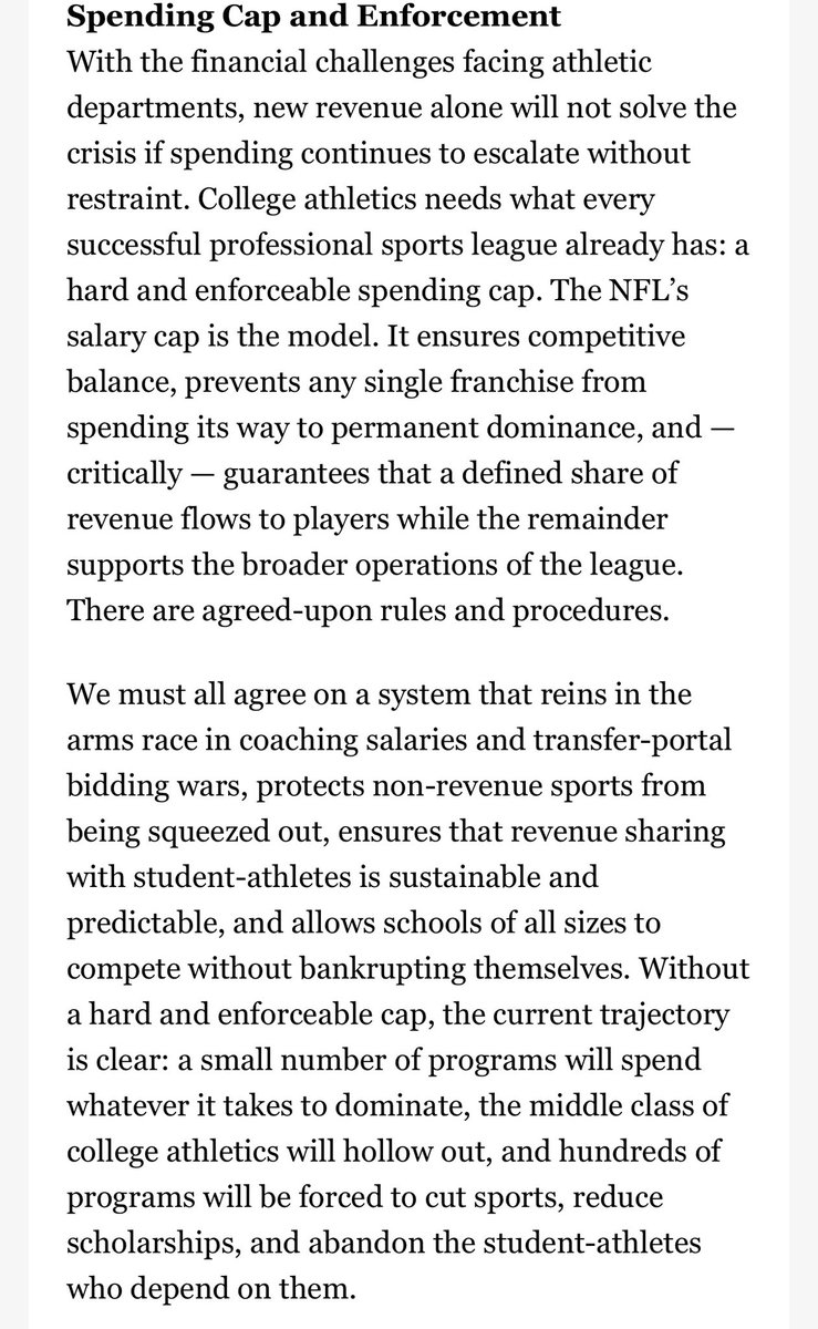 WinterSportsLaw's tweet photo. Louisville’s President, AD and Board chair wrote a piece explaining their preferred plan for college athletics governance moving forward.

It’s essentially supports the SCORE Act with some added elements from the SAFE Act. 

One notable wish list item is a hard salary cap. https://t.co/TOxYMrmBcd
