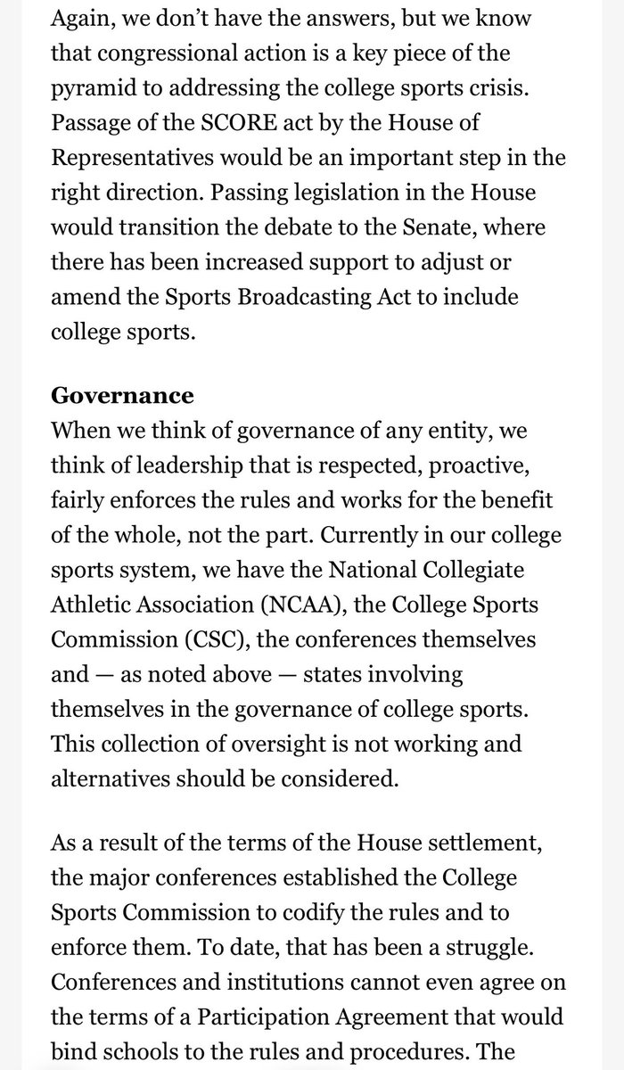 WinterSportsLaw's tweet photo. Louisville’s President, AD and Board chair wrote a piece explaining their preferred plan for college athletics governance moving forward.

It’s essentially supports the SCORE Act with some added elements from the SAFE Act. 

One notable wish list item is a hard salary cap. https://t.co/TOxYMrmBcd