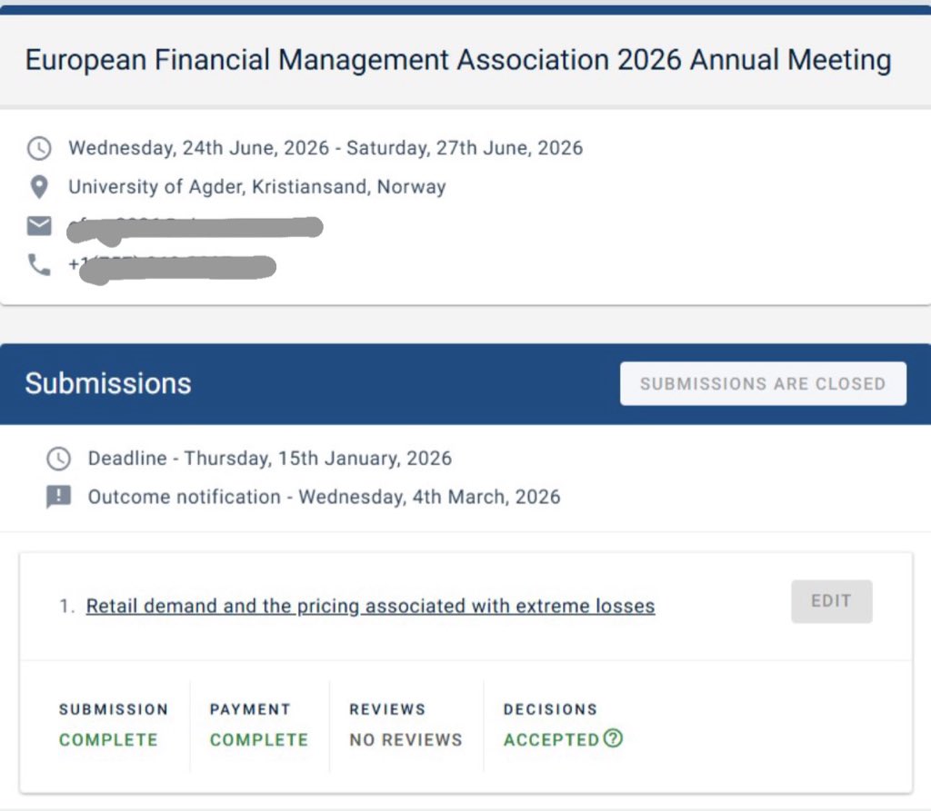 I guess it’s time for a LinkedIn-style announcement😬

“On pricing the extreme negative returns’ - accepted at EFMA 2026.

Retail demand, extreme losses, and mispricing. See ya in Norway 🇳🇴