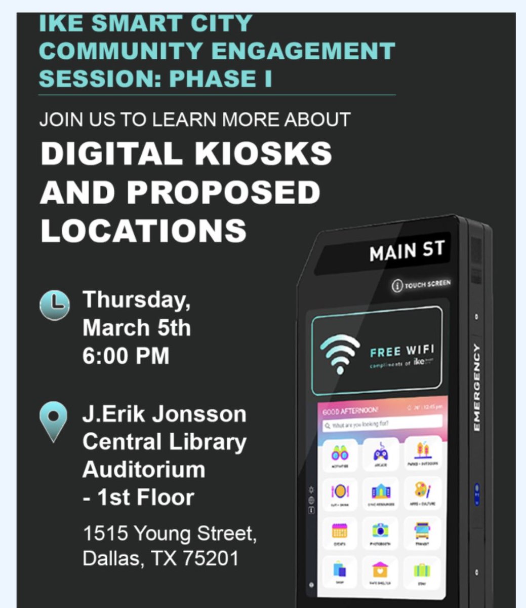 CnaDallas's tweet photo. What are your thoughts on where the digital kiosks are being installed? 

Let them know this Thursday! https://t.co/tMA5R6D0r8