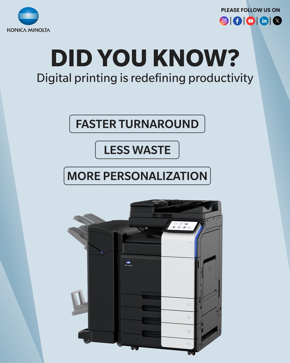 KonicaMinoltaME's tweet image. Smart printing isn’t the future — it’s already here.

Faster turnaround.
Less waste.
More personalization.

That’s what digital printing brings to your business.

#DidYouKnow #SmartPrinting #DigitalPrinting #PrintInnovation