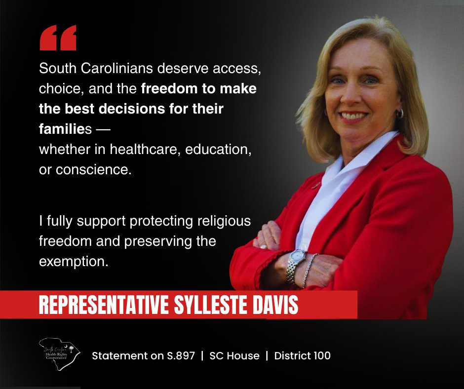 DrAndreaPhD's tweet photo. Serving as Chair of the 3M Committee, @syllestedavis  Davis plays a central role in shaping public health legislation.

She stands for preserving religious exemptions and protecting freedom of conscience under the law.

#WearRedSC #WearRedSouthCarolina #ReligiousFreedom https://t.co/ssTajH66ad