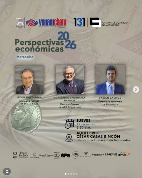 VenAmCham's tweet image. #PerspectivasEconómicas2026 en #Maracaibo

• Leonardo Buniak, Managing Partner de Buniak &amp;amp; Co
• Adalberto Zambrano, director general de AZB Consultores
• Fabián José Campos Sánchez, gerente de Escenarios de Datanalisis, C.A.

Una alianza que transforma conocimiento en acción🚀
