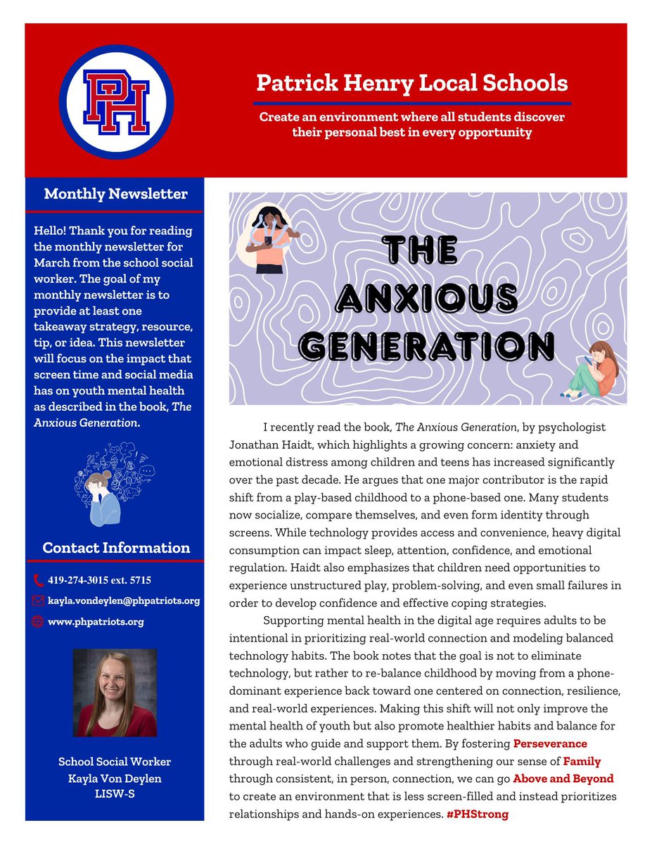 phsocialworker's tweet photo. My newsletter this month shares some key insights from the book The Anxious Generation. The book provides an overview of the shift from a “play-based childhood” to a “phone-based childhood” and the impact this has on youth mental health. #PHStrong https://t.co/6jqEKe3mDS