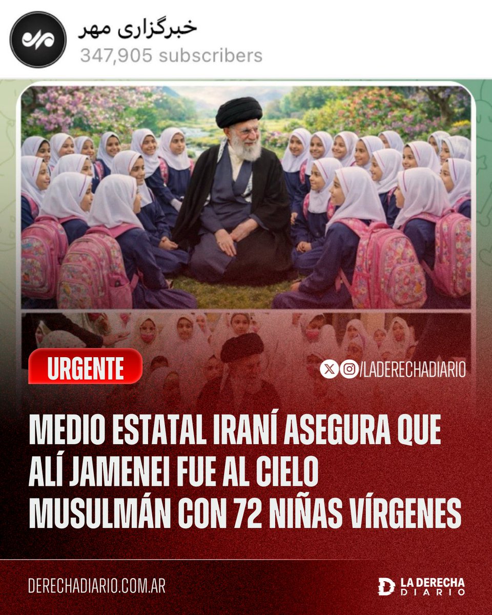 laderechadiario's tweet photo. 🚨🇮🇷 | RELIGIÓN PEDÓFILA: Un medio estatal iraní publicó imágenes asegurando que el ayatolá Alí Jamenei fue al cielo musulmán y fue recibido por 72 vírgenes, representadas con niñas de primaria. https://t.co/MQqU9waczT