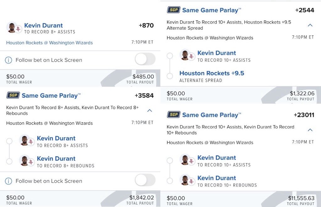 Let’s cash another twitter play with the Kevin Durant passterclass 😮‍💨😮‍💨

8 assists +870
10 assists +2544
8/8 +3584
10/10 +23011

$200 (1u)🔜$15,204 (76u)📈📈

All my plays and analysis 👇

Sharpduel.com/TheVatican

Why I’m betting KD:

KD has 2 of 4 games since coming back from