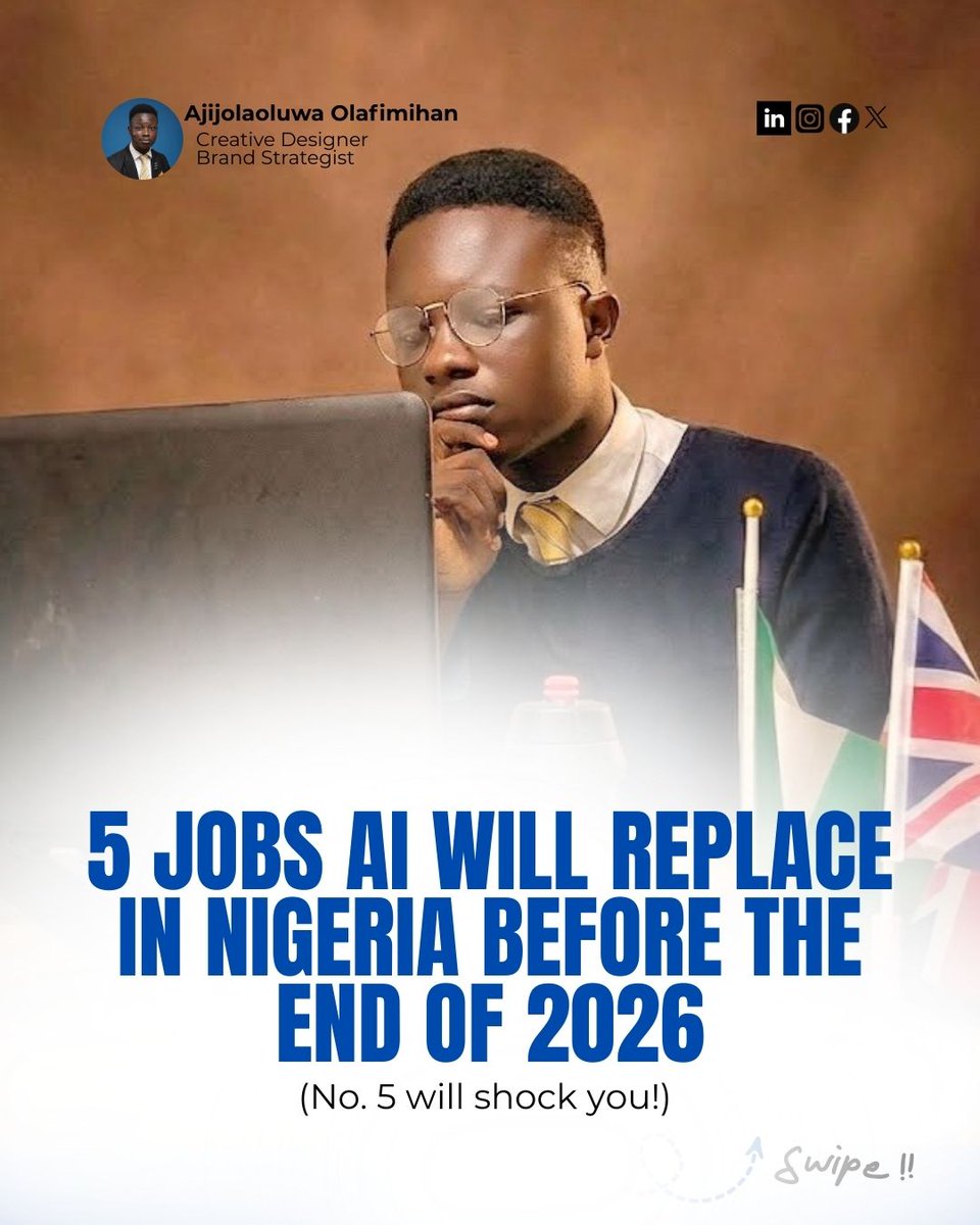 MTCStudios15026's tweet photo. 10 Jobs AI Will Steal From You in Nigeria by 2026!
You think your job is safe? Think again.
Swipe to see if your career is at risk and how to fight back before itโs too late. ๐ฅ
#TheGlobalCreative #MTCStudios #AI #JobsAtRisk #FutureOfWork https://t.co/zFbsNpEaYg