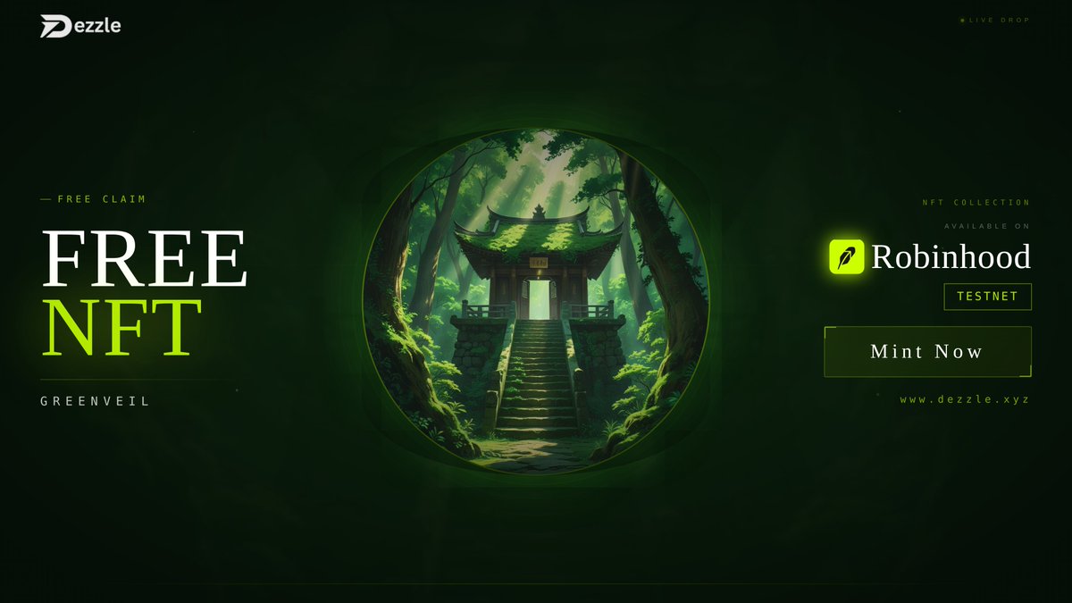 0xDezzle's tweet photo. Free Mint 'GREENVEIL' NFT On Robinhood Testnet 🌲

🔗 GREENVEIL: https://t.co/uiHEBYkg5I 

RT &amp; Paste Your Wallet Address Below ⬇️🎁

@RobinhoodApp https://t.co/Cg23vjDMuf