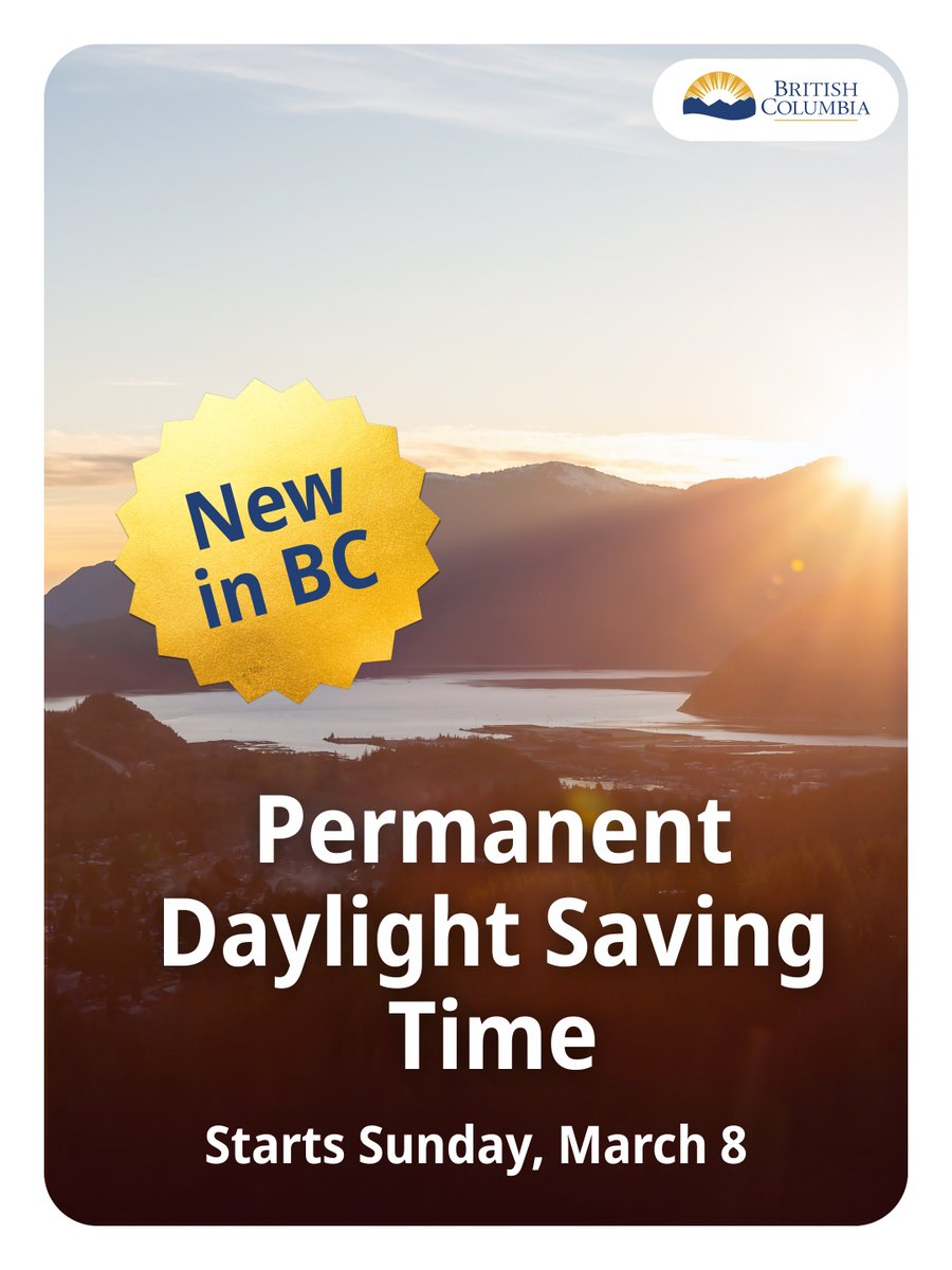 When we turn the clocks ahead on March 8, it will be the last time change ever for BC. We're changing to a permanent daylight saving time, simply called Pacific Time (PT).

Learn more: News.gov.bc.ca/33415
