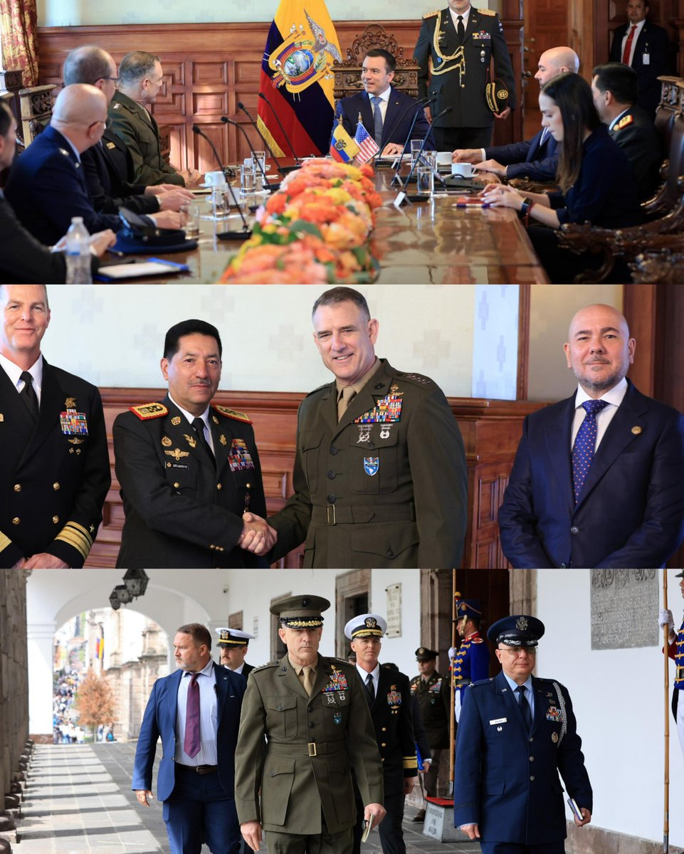 DefensaEc's tweet photo. ¡ECUADOR Y ESTADOS UNIDOS UNEN FUERZAS POR LA SEGURIDAD DEL PAÍS! 🇪🇨🤝🇺🇸

Por cada familia ecuatoriana.

➡️El presidente de la República, Daniel Noboa Azín, junto al ministro de Defensa Nacional, Gian Carlo Loffredo, el jefe del Comando Conjunto de las @FFAAECUADOR, Grae. Henry Delgado, lideró una reunión de alto nivel para fortalecer la defensa nacional mediante coordinación directa con autoridades militares de los #EstadosUnidos, consolidando acciones conjuntas en materia de seguridad.

📌La coordinación se desarrolló de manera directa con Francis L. Donovan, titular del Comando Sur de los Estados Unidos, y con el Contralmirante Mark A. Schafer, comandante del Comando de Operaciones Especiales Sur, reafirmando el compromiso de cooperación internacional para fortalecer la seguridad de nuestro país.

El trabajo coordinado con aliados estratégicos fortalece la defensa y la seguridad del #Ecuador. 👊
