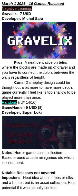 Looking over steam releases daily and giving surface level thoughts on game quality and ideas presented. I choose games that I find interesting. #gamedev #indiedev #steam

bsky.app/profile/retror…