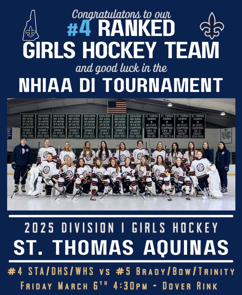 STA_Athletics's tweet image. 🏒NHIAA GIRLS HOCKEY STATE QUARTERFINALS 

⚜️Hosted by #4 STA/DOV/WIN Friday March 6th 4:30pm

#saintspride #stalux #luxintenebris @stalux @nhsportspage @jaypinceSMG @NHULSports @WMUR9_sports @nhhssports
@Winnawar @HNIBonline