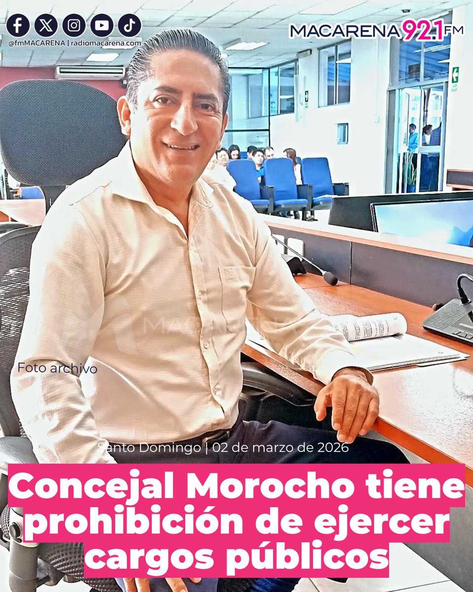 En un certificado del Ministerio de Trabajo emitido hoy, 02 de marzo de 2026, se indica que Miguel Eduardo Morocho Rodríguez, concejal de #SantoDomingo, registra impedimentos para ejercer cargos públicos por deudas con la CNEL y el IESS. Morocho está detenid desde el 13 de enero.