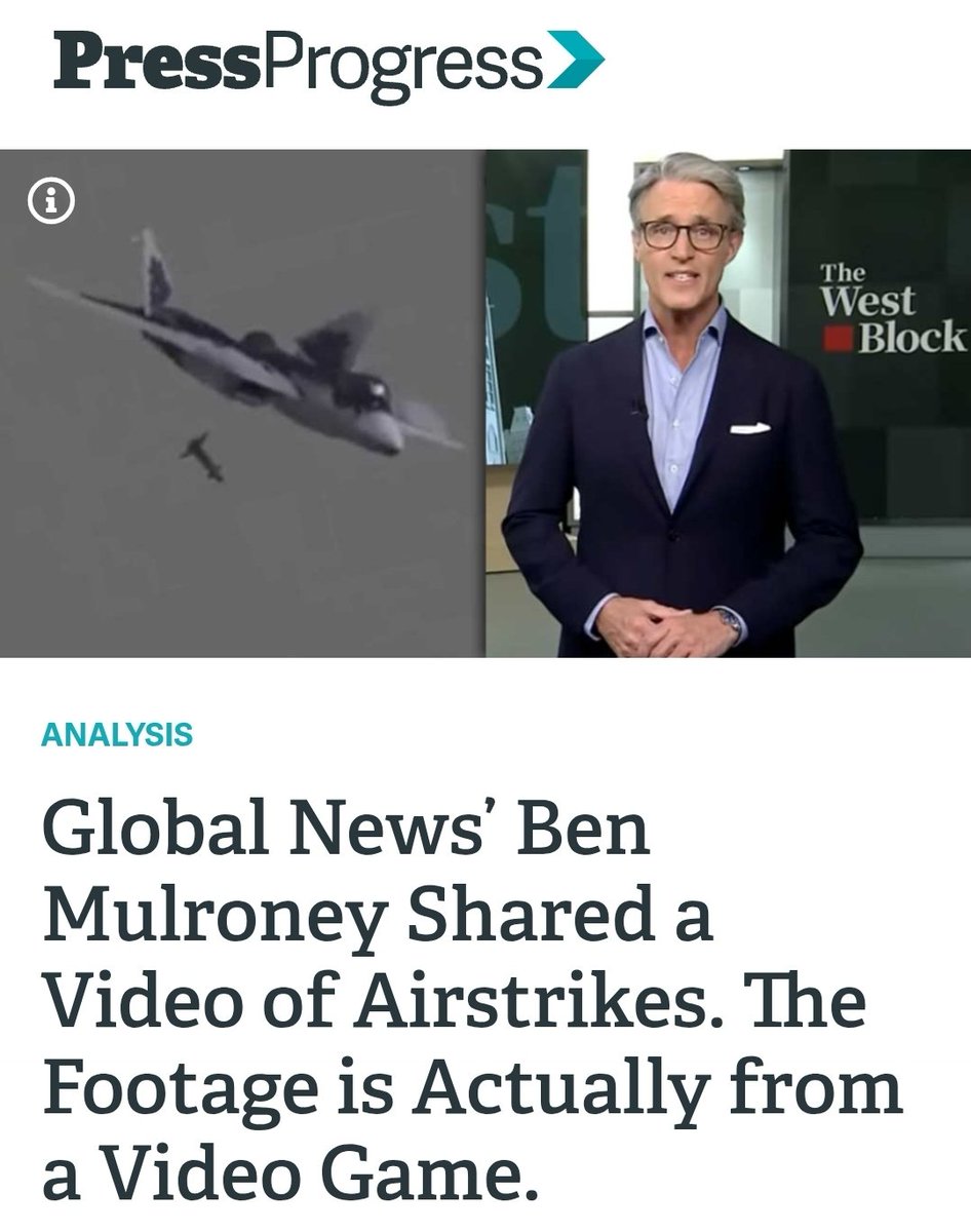 Noted unbiased and politically savvy self made unprivileged hard working Ben Mulroney shared video game footage claiming it was airstrikes. This is the kind of stunning journalism we've come to appreciate from the man who criticizes the taxpayer funding of the CBC #canada