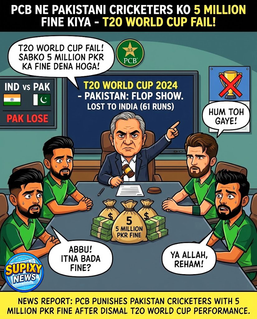 supixynews's tweet image. T20 World Cup performance ke baad reports ke anusar PCB ne Pakistani cricketers par 5 million PKR ka fine lagaya hai. Board ka yeh reaction team ke performance par unki narazgi ko dikhata hai.
#Cricket #T20WorldCup #PAKvsIND #PCB #Pakistan