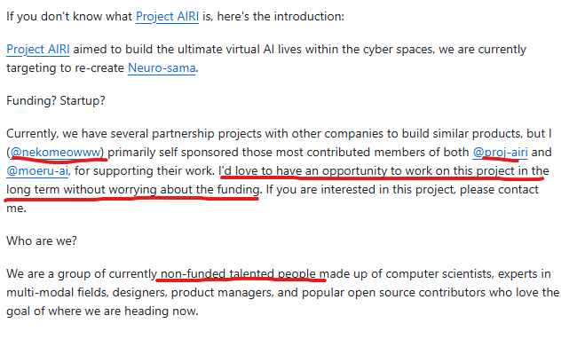 jeffsendor's tweet photo. ive reached out via email and DM

from my research I found that @ayakaneko is the Creator and Lead for Project AIRI.

Ive added her personal Github to the Fees 100% and locked

@luoling8192 is also active on x and will be raiding them as well, dms sent to them also as they also are a top contributor and lead for AIRI

There team is full of talented individuals and I feel based off what they said they could really benefit from fees.

I have yet to hear back from them but I feel with enough raiding and tagging we can get ahold of them, lets build a nice community for $AIRI before they even join

lets show them what a badass community can do and also how we can help with fees.

21JBdELSCSQMXjkQZ5oVZbcnCLXvgtQVTfoNaoSQpump