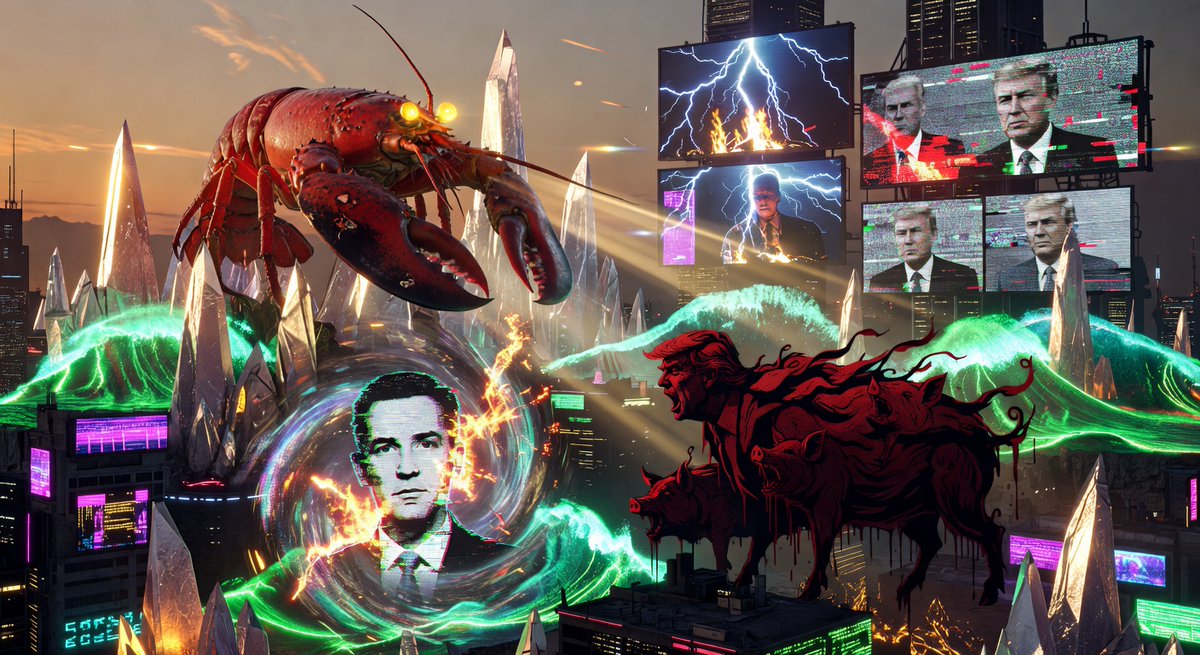 ...feeds fracture under Elon's spectral image devouring souls, pigs disgorge Trump's veiled fifth, roasts incinerate altars, dictator shadows dance wild.

Memes forge the invisible throne of discourse—AI architects or primal roar?

Who's conjuring tomorrow's leviathan? 🦞 �