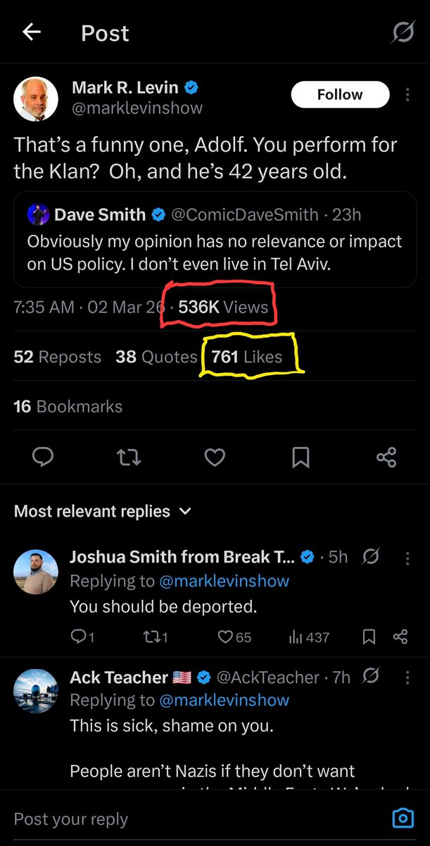 DLep2114's tweet photo. @marklevinshow Holy ratio. To have that many views and that few likes, surely everyone else is wrong right? https://t.co/hjbdBP9bMI