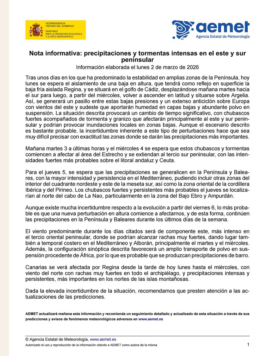 InfoMeteoTuit's tweet image. ⚠️⛈️ Nota Informativa de #AEMET por #lluvias y #tormentas intensas en zonas del E y S peninsular. #Calima #Viento #BorrascaRegina