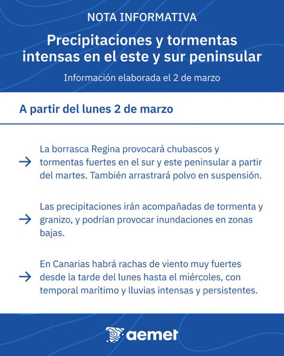 InfoMeteoTuit's tweet image. ⚠️⛈️ Nota Informativa de #AEMET por #lluvias y #tormentas intensas en zonas del E y S peninsular. #Calima #Viento #BorrascaRegina