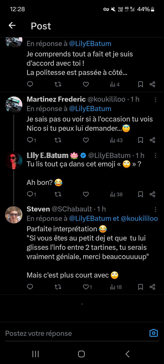 SChabault's tweet photo. @LilyEBatum @koukililoo Vraiment désolé si ma formulation est passée pour un manque de respect/politesse, c'était dans le sens de ma réponse ci-dessous 🙏
Le levé d'yeux au ciel était pour marquer le fait qu'avec un peu de chance tu lises le tweet..
Sorry pour  l'incompréhension 😔 https://t.co/Txwxm6Fnfj