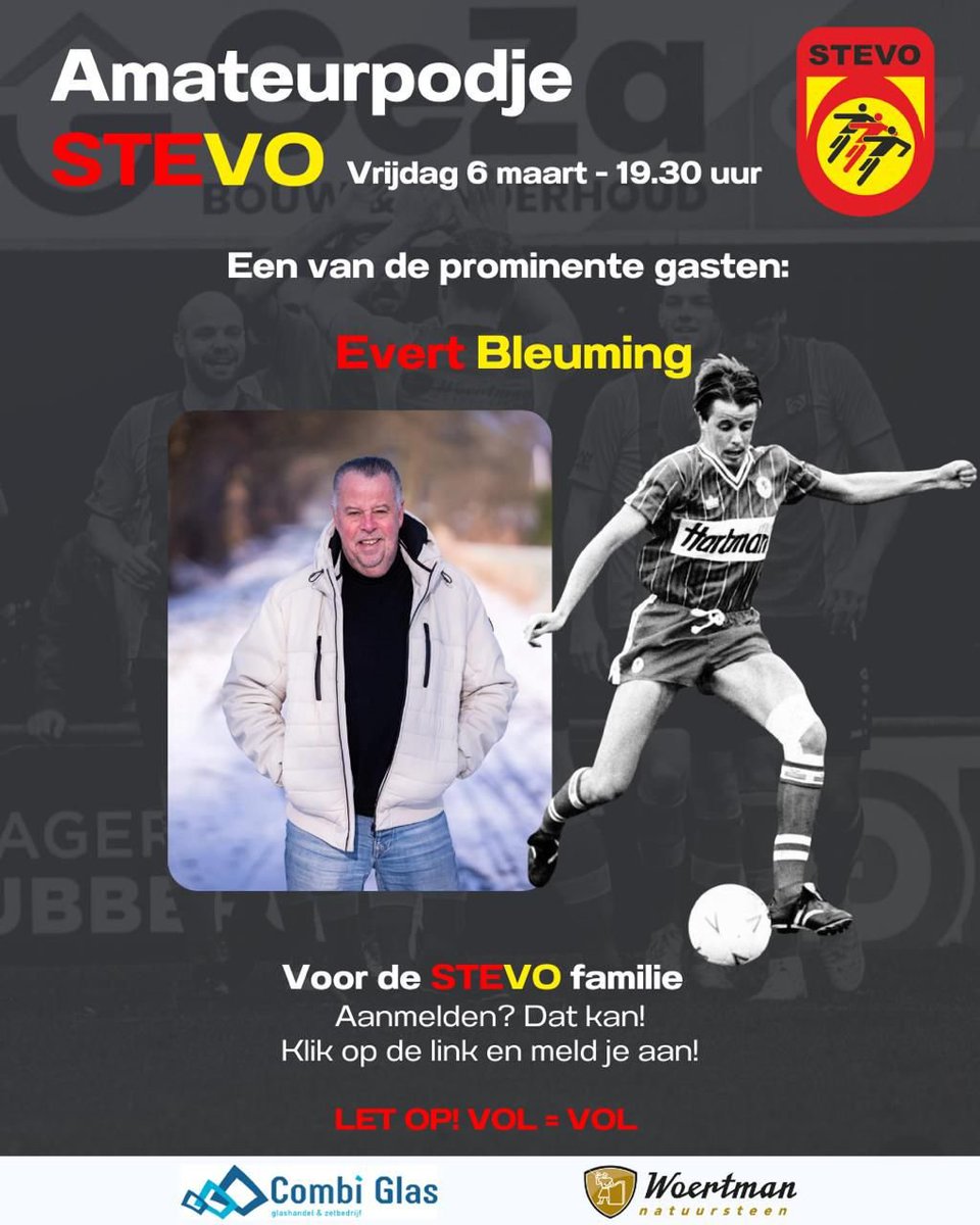 ‼️STEVO Familie opgelet‼️

We gaan lekker en koersen af op een “Full House”, dus geef je *nu* nog op voor vrijdag aanstaande, bijzijn = meemaken🔴🟡

We gaan één van de prominente gasten die gaat aansluiten aanstaande vrijdag tijdens ‘Amateurpodje' bekendmaken;

📣 Niemand minder