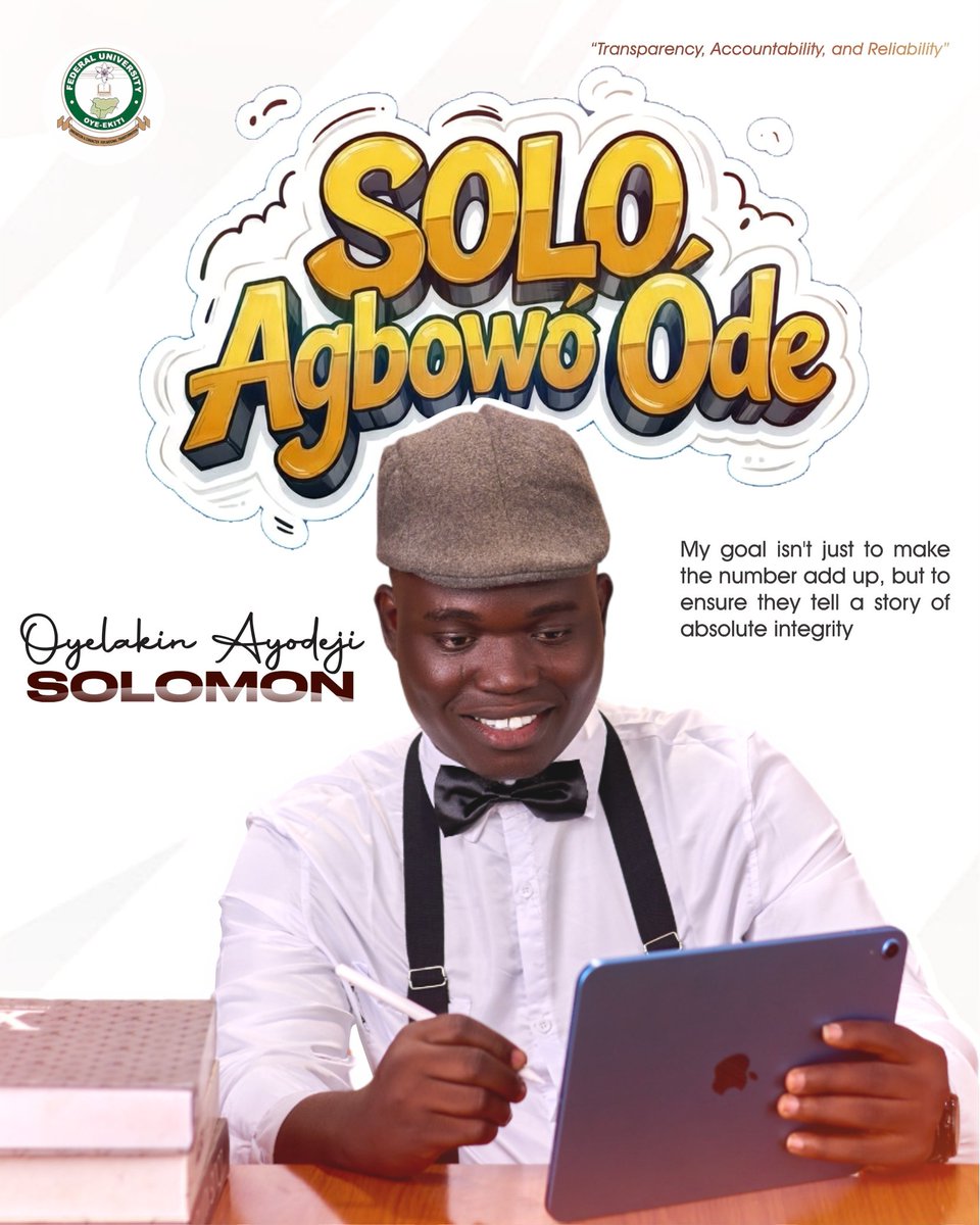 Solotee005's tweet photo. Meet SOLO AGBOWÓ ÓDE.

The PURSE CUSTODIAN  that is willing to bring Accountability, Integrity and Transparency to our Union’s Finances! https://t.co/DkU9vJO2aM