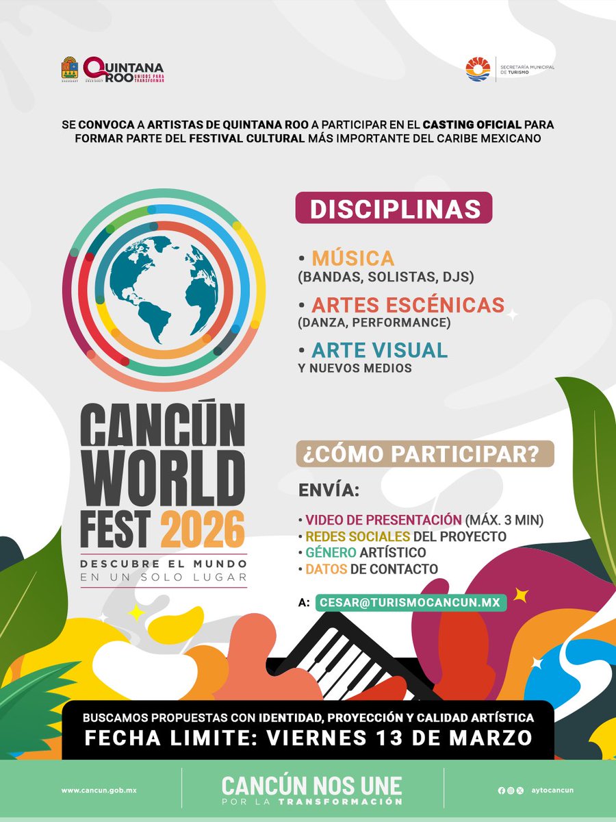 🌎 ¡Se abre el casting oficial del Cancún World Fest 2026, el festival cultural más importante del Caribe Mexicano! 🎭🎶🎨

Convocamos a artistas de Quintana Roo en las disciplinas de:
🎵 Música (bandas, solistas y DJs)
💃 Artes escénicas (danza y performance)
(1/2)