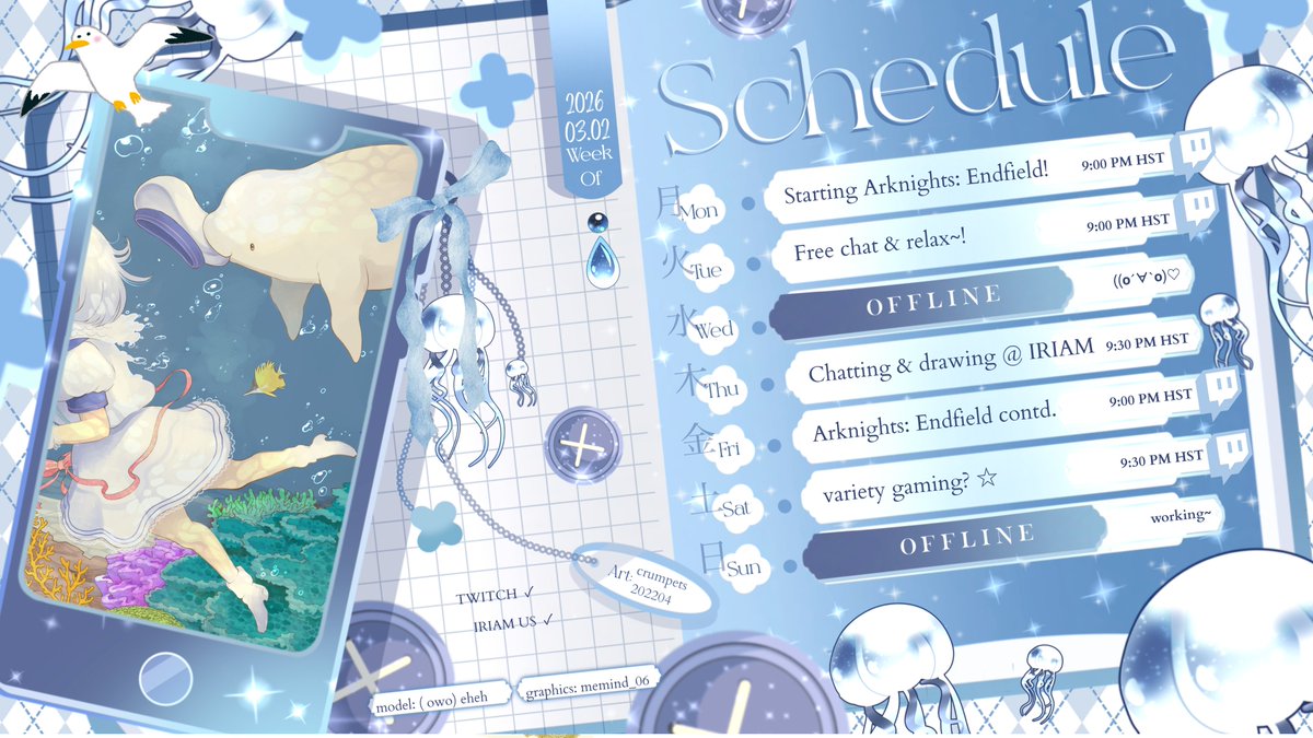SometsukeMezzo's tweet photo. 🗓️ SCHED. MAR 2 - 8 2026 🌊
𓇼 ⋆.˚ 𓆝⋆.˚ 𓇼

Greetings from the Lighthouse! ☁️

Starting Arknights: Endfield this week, our first sponsored stream! I really like the original Arknights, so I'm looking forward to it! ⸜(｡˃ ᵕ ˂ )⸝♡

🔭 #somemezzo
🎏 #mezzart
✍️ #poetsuke https://t.co/JKVhrLDSoY