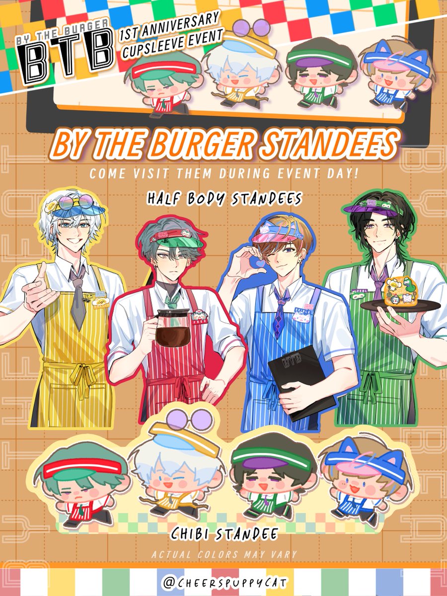 Event day standee cutouts! 🍔 

We will have life-sized half body standees of BTB and a chibi version for hzbeats to come take lots of pictures with! ❤️💛💚💙

They're ready to take your order~

#BYTHEBEAT #HZBEATS