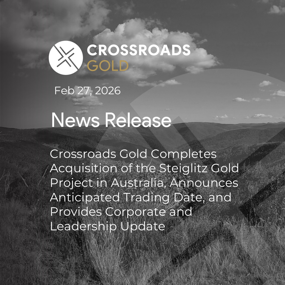 crossroadsgold's tweet photo. A new @fioregroup company @crossroadsgold commences trading on the @tsx_tsxv under the symbol 'CRG' on Wed Mar 4! #mining #gold #Australia #exploration #TSXV #miningstocks #goldexploration #miningAustralia https://t.co/wzJT1h20CN